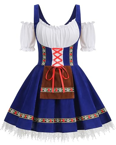 HAPNBCELE Oktoberfest Costume for Womens, German Dirndl Dress One-Shoulder Traditional Bavarian Carnival Halloween Outfits (Blue, Large)