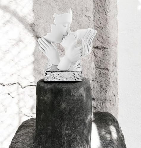 MAZZOLA LUCE Scultura moderna coppia innamorati volti in gesso bianco base argento