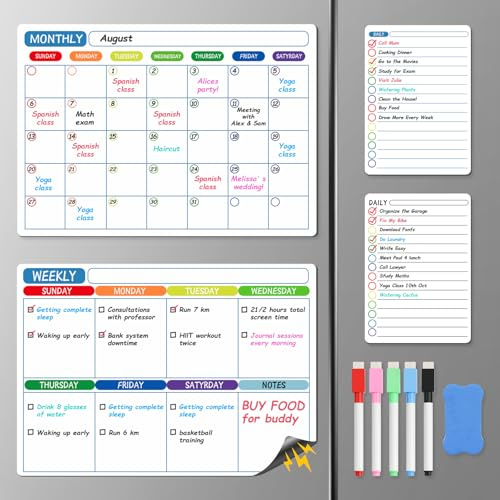 NiHome Lot de 4 calendriers magnétiques effaçables à sec pour réfrigérateur, comprend un calendrier mensuel, un planificateur hebdomadaire, 2 tableaux quotidiens, 5 marqueurs avec gommes et une gomme