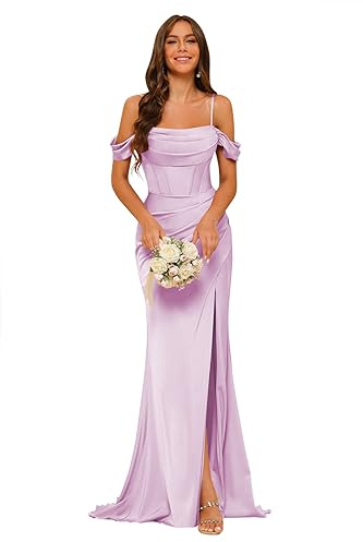 kopptioo Off Shoulder Satin Bridesmaid Dresses for Women with Slit Lilac Pleated Mermaid Corset Prom Dresses Long Ball Gowns Lilac Size UK10