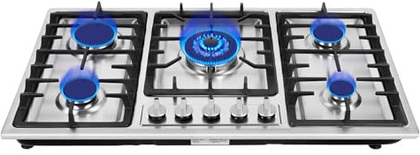 MEHOOSPVN Cocina de gas con 5 fuegos, estufa de gas, empotrable, 5 quemadores, 5 quemadores, zonas de gas, placa de gas integrada, para gas natural/propano