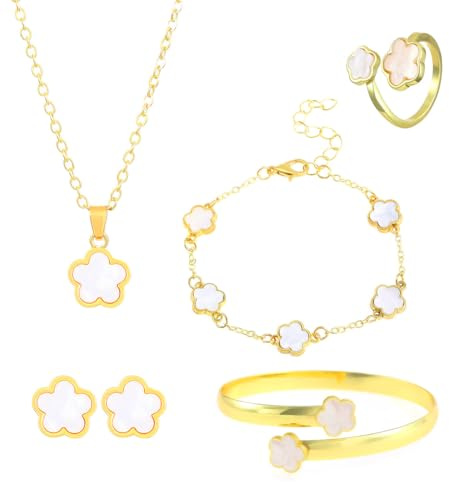 Gkaopi Trébol de Cuatro Conjunto de Joyas para Mujer 18K Oro Platead TréBol Pendientes Collar Pulsera Anillo Juego de Joyas Regalo Aniversario