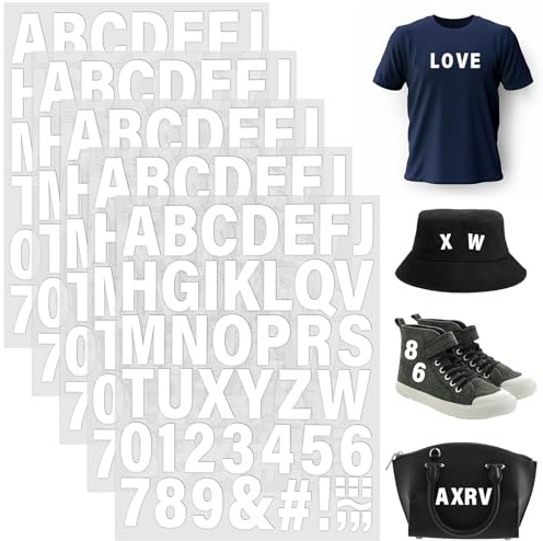 5 Sheets 250 Pcs Iron on Letters and Numbers for Clothing - Heat Transfer Vinyl A-Z, 0-9 Patches for Fabric, DIY Craft Supplies T-Shirt (White)