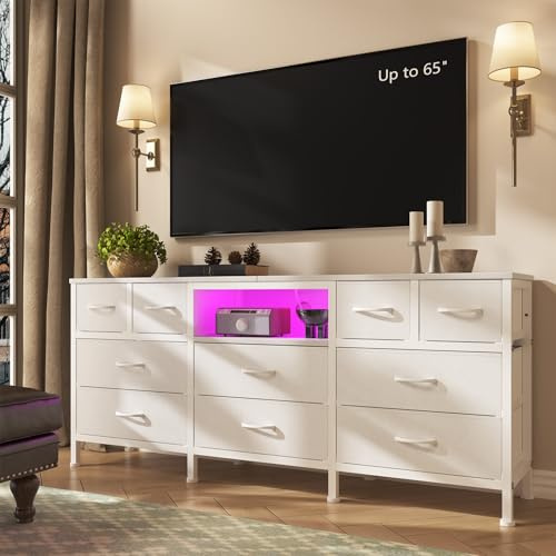 DrawXynth White Dresser for Bedroom with LED Lights and Power Outlets, 55 TV Stand with 10 Drawers & Open Shelves, Fabric Chest of Drawers with PU Finish, Metal Frame, Wood Top (White)