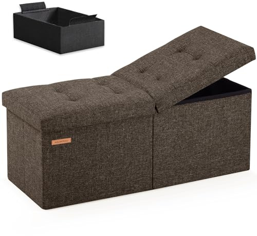HAUSFRAU 31.5 Inches Ottoman with Storage Bench, Folding Ottoman Bench Small Foot Rest Stool, Bedroom Bench with Flipping Lid, Linen Espresso