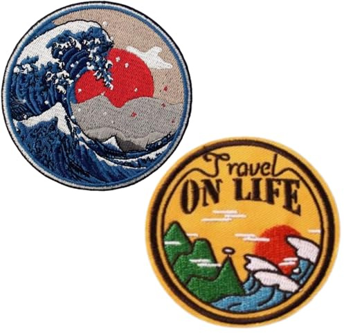 Pack de 2 Parches Termoadhesivo para la ropa diseño de Gran ola de Kanagawa y Travel On Life - Parches Bordados - Parches para Ropa, Mochilas, Gorras.