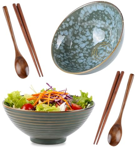CZCMYAU 1200ml Ceramic Ramen Bowl Set of 2,Ceramic Japanese Ramen Bowl Set with Wooden Chopsticks Spoons