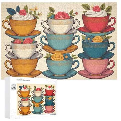 Teacups Colorful Tea Time Jigsaw Puzzle for Adults and Kids Challenging Puzzle for Game Nights 1000 Piece Puzzles Gift for Family Wedding Graduation Friends
