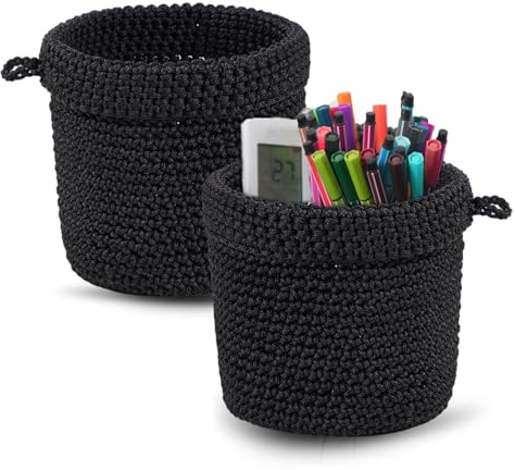 2 Stück Hängend Wandkorb Korb, Aufbewahrungskorb mit Griff (Schwarz) | Handgewebt Hängekorb Pflanzkorb Organizer für Pflanzen Küche Badezimmer Heimdekor,13 x 14cm