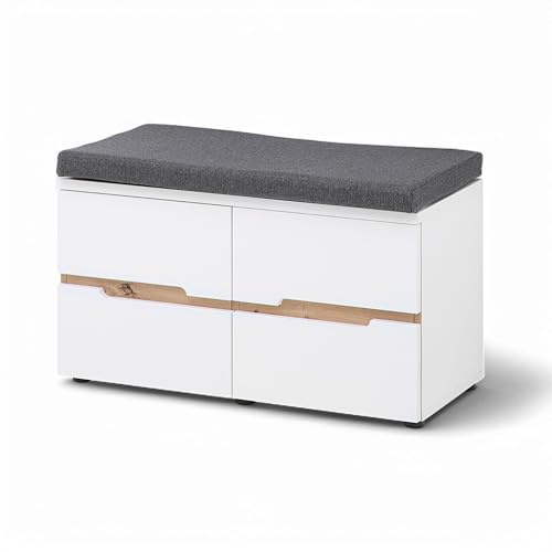 Memphis Schuhbank Weiß Artisan Eiche Optik 80 x 49 x 38 cm (B/H/T) | Sitzbank mit Stauraum für den Flur, 2 Türen, 2 Einlegeböden, moderne Griffleisten, Korpus in Weiß matt