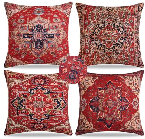 Voreppy Red Cushion Covers 45x45cm Antique Oriental Turkish Carpet Pattern Waterproof Linen Throw Pillow Covers Boho Cushion Protectors for Living Room Sofa Bedroom Outdoor Garden