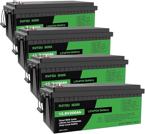 DATOUBOSS 12V 200Ah LiFePO4 Batterie, 2560Wh Lithium Akku mit Verbessertes 200A BMS, Max 15000 Tiefe Zyklen, Unterstützung in Serie/Parallelschaltung, für Wohnmobil, Solarpanel, Marine (4 Stück)