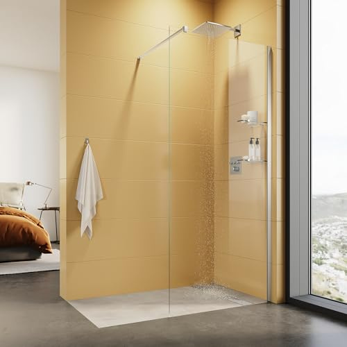 Walk-In-Dusch 80cm Feststehende Duschtür mit Stützstab & 2 Glasablagen | aus 8mm Sicherheitsglas Klarglas Barrierefreier Walk-in Duschkabine Duschabtrennung zur Trennung von Nass- und Trockenbereich