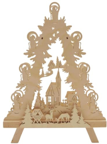 Erzwelt - Standleuchte 3D – Weihnachtsdeko – Kirche mit Tannen & Rehe | 35 x 27 x 5 – Holz-Deko für Weihnachten – Fensterbeleuchtung – Original Erzgebirge – leuchtende Fensterdekoration