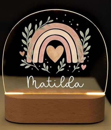 Bärenfreunde personalisiertes Nachtlicht für Babys, Nachttischlampe für Kinderzimmer, Babyzimmer, Nachttisch optional mit Akku und Fernbedienung als Geschenk für Kinder (Regenbogen Zweige Herzen)