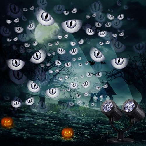 iShabao Halloween Deko Outdoor, Doppelter Kopf Dynamische Halloween Projektor mit Timer, Wasserdicht LED Projektionslampe mit Geisteraugen für Garten Fenster Wand Hof Party