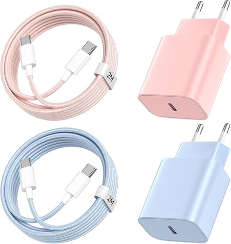 20W Chargeur pour iPhone Charge Rapide, PD3.0 Chargeur USB C 2Pack | 20W Prise USB C avec 2M Câble Type C pour iPhone 17/16 Pro/16 Pro Max/16 Plus/15 Pro/15 Pro Max/15 Plus - Bleu+Rose