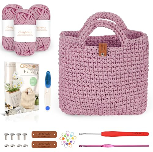 Coopay Set di uncinetto per principianti, borsa per uncinetto con ago da uncinetto da 4,5 mm, istruzioni, lana da 5 mm di spessore per uncinetto piccola borsa a mano, regali creativi per figlie