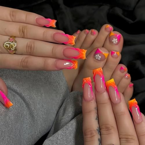 Auiremrti 48 pièces ongles colorés dégradé orange rose français à presser pour les pieds, longs ongles artificiels carrés avec designs ombrés