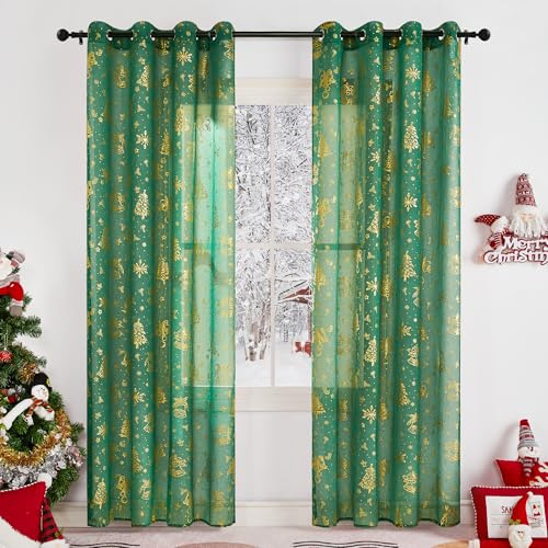 KGORGE Christmas Curtains Living Room Grüne Weihnachtsgardinen 240cm Lang Wohnzimmer Gardinen Weihnachten Vorhang Transparent Ösen Weihnachts Gardinen Durchsichtig, 2er Set H 240 x B 140 cm