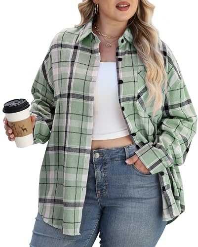 Dookttker Womens Plus Size Buffalo Plaid Flannel Shirts Jackets Button Down Blouses Tops Fall Clothes Fashion Outfits