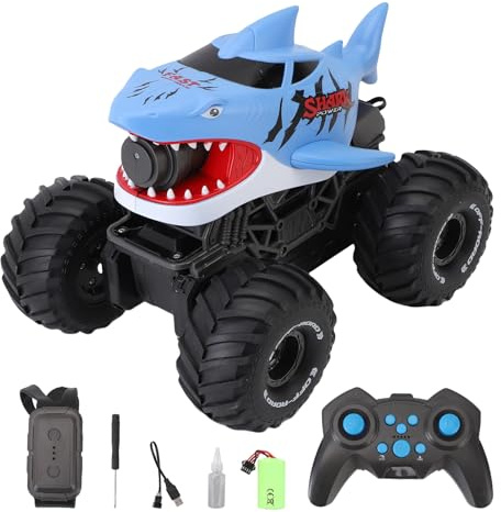 Dodoore Amphibisk RC bil, fjärrstyrd hajleksak med vattenspray med 10 m räckvidd, offroad RC-lastbil med gestigenkänning, fjärrstyrd bil för land och vatten (blå 2 batterier)