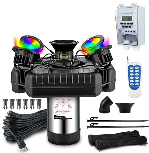 Goldlife Pond Fountain Aerator, F3 With 4 RGB Lights, 1HP 750W 110V Stainless Steel Floating Fountain With 100FT Power Cord, Octagon Aerating Fountain Pump for Small Large Pond Lake Pool Bay Fish farm