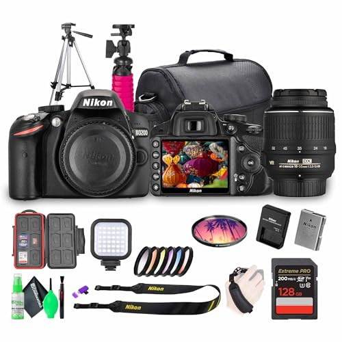 Nikon D3200 24.2MP DSLR Camera Kit with 18-55mm VR Zoom Lens – Full HD 1080p Video Capture, Fast 11-Point Autofocus System + 72 Tripod + 128GB Memory Card + Camera Bag + LED Light + More