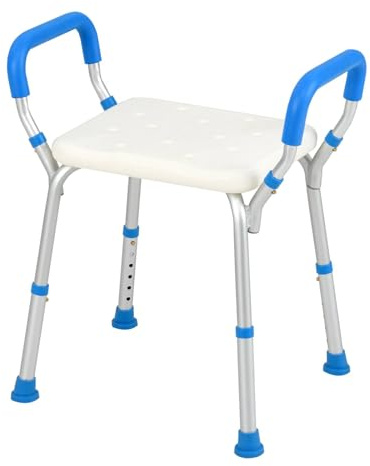 Multigot Shower Stool, 6 Heights Adjustable Bath Bench with Padded Armrests, Drainage Holes and Non-Slip Foot Pads, Bathroom Shower Chair for Elderly and Disabled (Blue+White, 59 x 41 x 54-67cm)