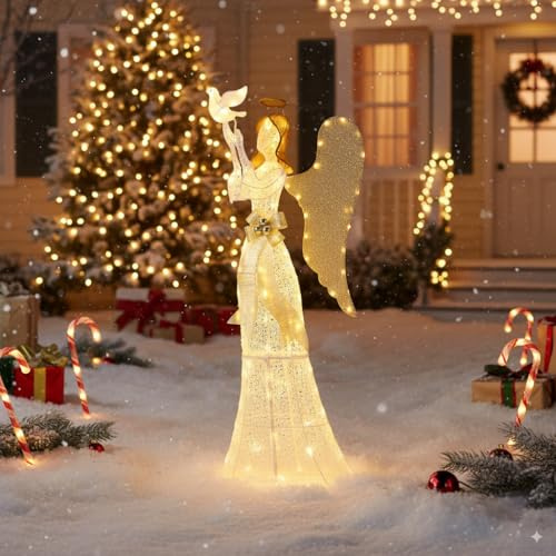 SOARS Weihnachtsengel Outdoor groß, 165 cm Weihnachtsdekoration mit Taube, Weihnachtsdeko mit 150 warmweiße LED-Lichtern, Weihnachten Engel, Weihnachtsbeleuchtung für außen und innen