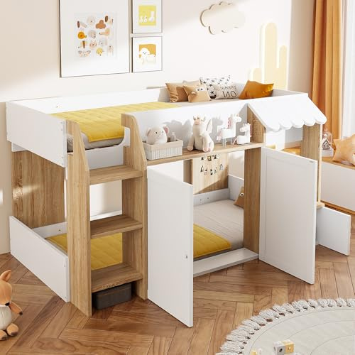 Lcoho Lettino per bambini, 90 x 200, con spazio aperto, con scaletta, letto a soppalco per bambini, in legno massiccio, senza materasso (colore legno + bianco)