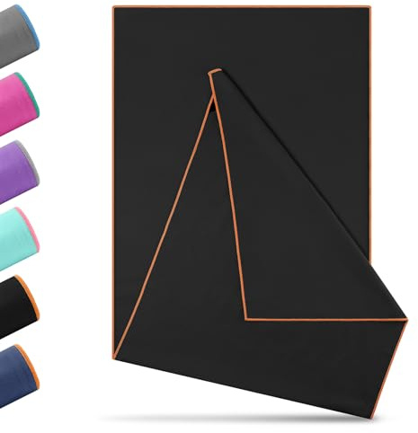 Novent Serviette de yoga antidérapante 185 x 65 cm - En microfibre avec picots antidérapants - Tapis de yoga hygiénique pour Hot Yoga, studio et fitness - Lavable, absorbant (noir/orange, 185 x 65 cm)