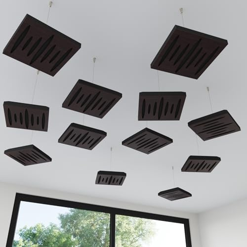4 Pack — Mini Acoustic Ceiling Panel | Hanging 3D Sound Absorber with Suspension Kit | Acoustic Ceiling Decor | HDF Mini Hanging Panels | 25×25 cm | Color: [Wenge | PULSAR-Mini]