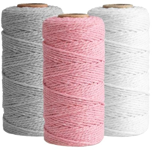 3 Pcs Corde Macramé 3mm × 100m pour Bricolage, Blanc, gris clair, rose pâle | Fil Macramé, Macrame Corde, Corda di Filato Macramè, pour Artisanat, Tapisserie, Décoration Boho