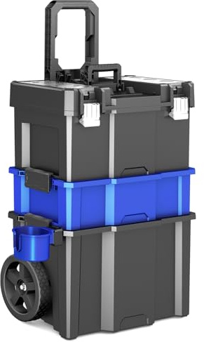 AIRAJ Rolling Tool Box on Wheels, 3 Tier Stackable Tool Boxes, 20”×12”×35” | Garage Storage Tool Box Organiser, Tray Toolbox,with Removable Cup Holder, Tool Storage for Hand/Power