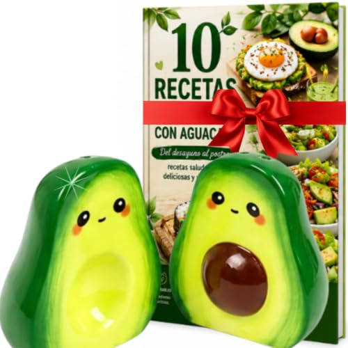 Salero y Pimentero Aguacate Kawaii. Set de Cerámica para Cocina, Decoración Divertida y Moderna, Accesorios Cocina Originales, Idea de Regalo para Amantes del Aguacate, Ebook de Regalo.