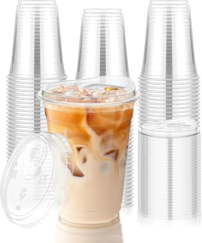 KesaPlan 100 Stück 360ml(12oz) klare Plastikbecher mit Deckel | Wiederverwendbare To-go-Becher,PET-Trinkbecher mit Trinkdeckel für Eiskaffee/Smoothies/Slush-Eis/Bubble Tea/Cocktails