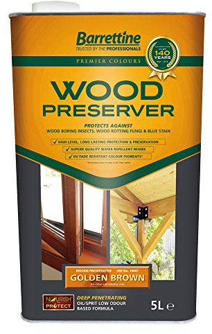 Barrettine Wood Preserver (Golden Brown, 5L) - UV Fade Resistant, Durable & Water Repellent Premier Wood Preserver, Deep Penetrating, Low Odour & Oil Based, Suitable for Outdoor & Indoor Use