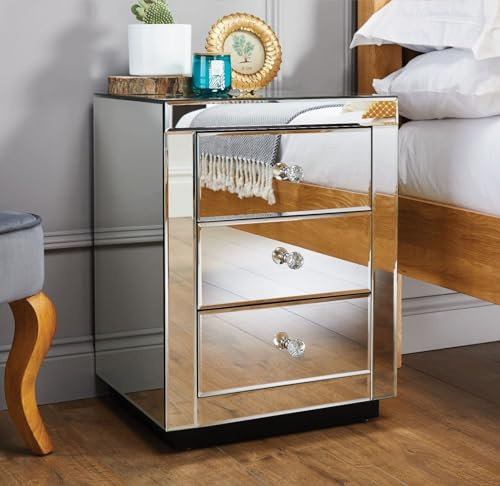 Furniturebox UK Mirror Bedside Table - Italian Mirrored Bedside Table With 3 Drawers, Modern Side Cabinet For Bedroom With Cut Glass Drawer Knobs