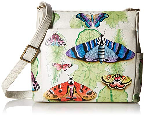 Anna by Anuschka Damen Crossbody handbemalt mit Seitentaschen Umhängetasche aus echtem Leder, Botanischer Vintage-Stil