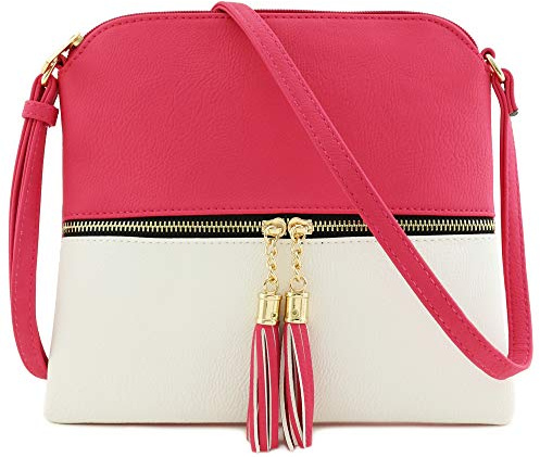 DELUXITY Bolso cruzado mediano ligero con borla, Fucsia/Blanco, Talla única