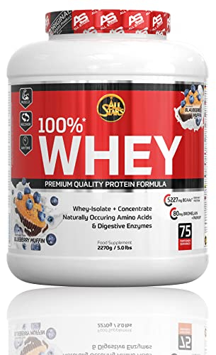 All Stars 100% WHEY PROTEIN 2270g I Eiweiß-Pulver mit Whey-Konzentrat & Isolat I leckeres Low-Fat Powder I hochwertiges Protein-Pulver I cremiger Protein-Shake mit Blueberry Muffin-Flavour