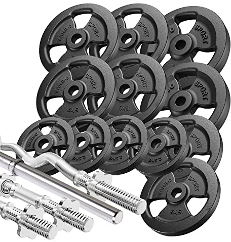 Marbo Marbo - Set MW KIER Tri-Grip Hantelscheiben aus Gusseisen, Gewichte mit Aufnahme Ø31 mm, 1x SZ-Curlstange, 2x Kurzhantelstange, 1x Langhantelstange, in verschiedenen Gewichtsvarianten erhältlich