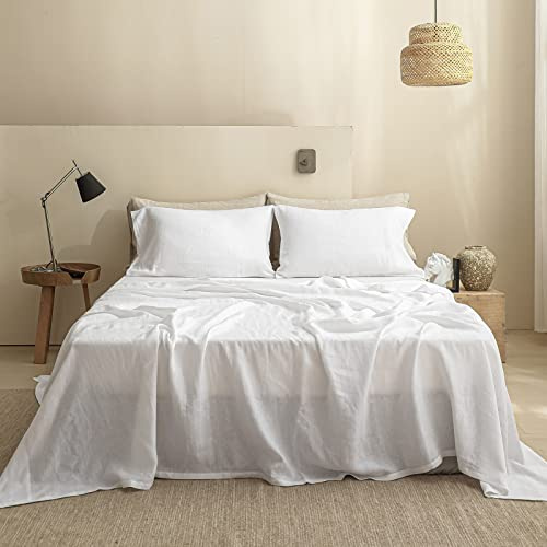 Simple&Opulence Bettlaken 100% Leinen Wäsche, Ultraweiche, Atmungsaktive Bettwäsche für Bauernhäuser, nur 1 Bett Laken (228cm x 255 cm, Weiß)