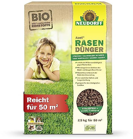 Neudorff Azet RasenDünger – Bio Rasendünger für 50 m² sorgt für eine dichte, grüne und strapazierfähige Rasenfläche mit 6 Monaten Langzeitwirkung, 2,5 kg