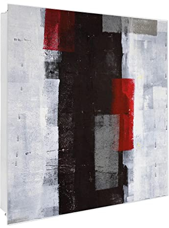 banjado Großer Schlüsselkasten Glas - Schlüsselbox 30x30cm mit 50 Haken - Schlüsselkasten modern für Schlüsselaufbewahrung mit beschreibbarer, magnetischer Glastür - Motiv Abstrakt Rot