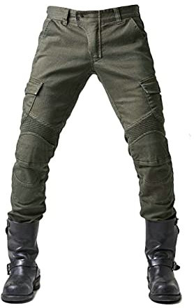 GEBIN Men Motorcycle Jeans, Motorbike Riding Pants, Reinforced Denim Trousers Lined Protective, Hip & Knee Removable Armored Denim, All-Weather Cycling Pants (Green,L=W35.4''9(90cm))