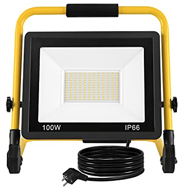 Aufun LED Baustrahler 100W, Baustellen Strahler Kaltweiß Arbeitsscheinwerfer LED Fluter Floodlight mit 3M Kabel, Standgestell und Tragegriff, Wasserdichtes IP66 Flutlichtstrahler für Garten, Garage