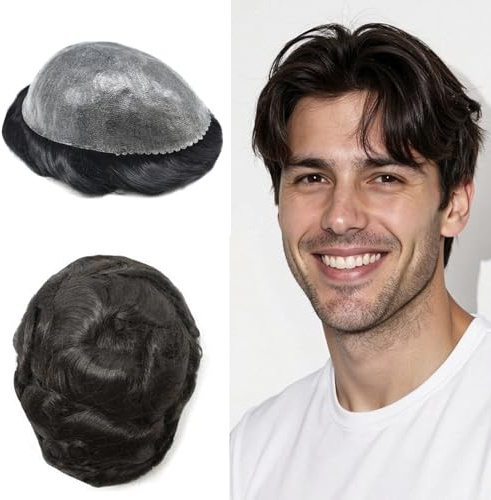 Mens Toupee Hairpieces 100% European Virgin Human Hair Replacement System Durable Thin Skin Full Poly Injection PU Hair Units (#1B OFF BLACK-120% MEDIUM LIGHT TO MEDIUM DENSITY)