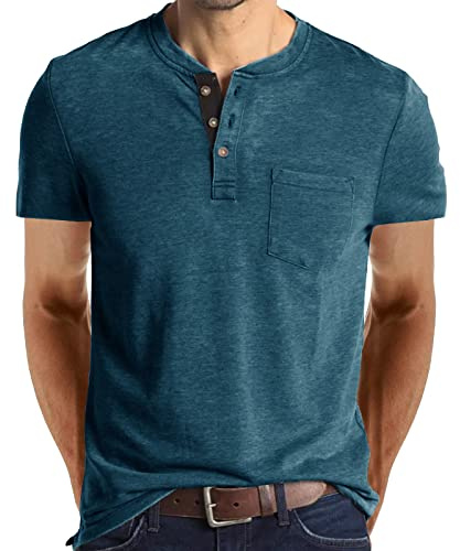 Uposiut Mens Henley Shirts Long/Short Sleeve T Shirt Fashion Casual Basic Plain Cotton Tee Shirts FBA-23038-Blue-L